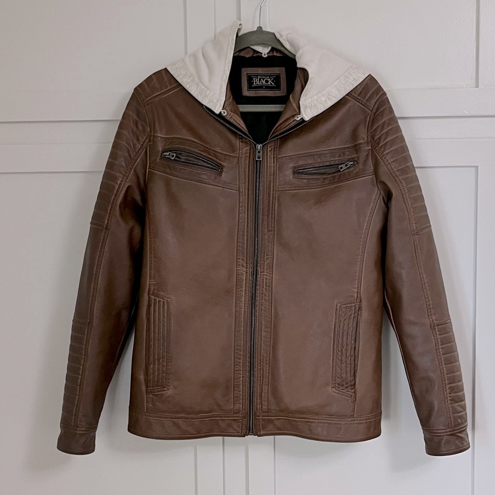 Buckle Black Brown Men's faux leather hooded jacket. Size Small.
